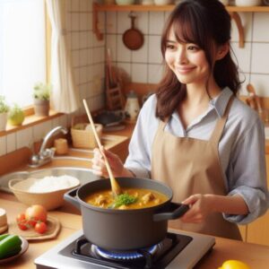 ストウブ鍋を使ってカレーを作っている30代日本人女性