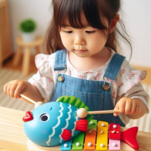3歳の日本人女の子がボーネルンド おさかなシロフォンを使って音を出している