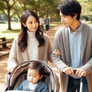 30代日本人夫婦が1歳の男の子をサイベックス　メリオカーボンのベビーカーに乗せて公園を歩いている画像