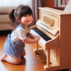 2歳の女の子がカワイ ミニグランドピアノを引いている