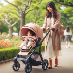 ベビーカー（エアラブ）に1歳の女の子を乗せて公園を歩いている20代日本人女性