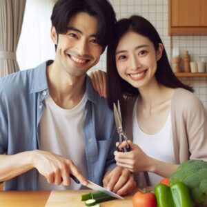 キッチンハサミを使って野菜や肉を切っている。30代笑顔で笑っている日本人夫婦