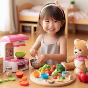 2歳の女の子がおままごと（おもちゃのキッチンや食材）やぬいぐるみで楽しく遊んでいる