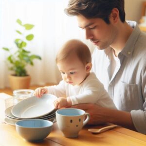 机の上でアラビア食器で遊んでいる赤ちゃんと20代パパ