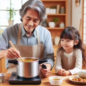 圧力鍋を使って、カレーを作っている50代の日本人男性　隣には7歳の娘が見ている。