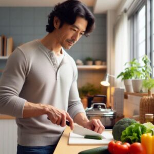 セラミック包丁（色は白色）を持って台所で野菜を切っている40代日本人男性