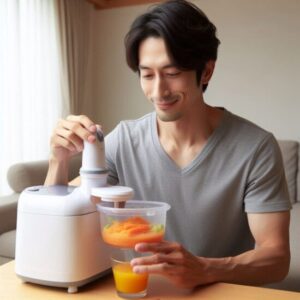 ベビーフードメーカーで離乳食を作っている30代日本人男性