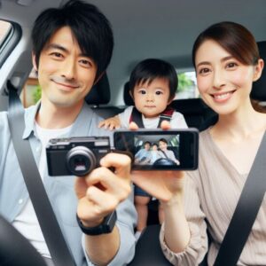 ミラー型ドライブレコーダーで運転をしている30代日本人夫婦と子供