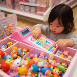 2歳の日本人の女の子おもちゃのレジを打っている