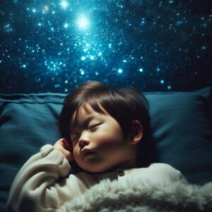 天井に映っている星空を見ながら眠っている2歳の日本人男の子