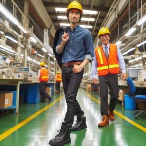 おしゃれで格好いい安全靴を履いて工場の中で陣頭指揮を執っている40代日本人男性