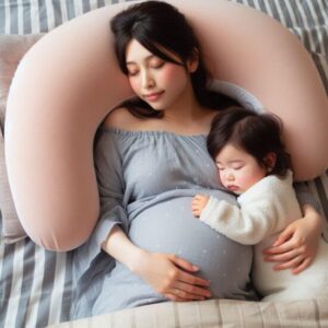 ハグモッチ（HUGMOTTI）の抱き枕で20代日本人妊婦と赤ちゃん（女の子）が一緒に寝ている