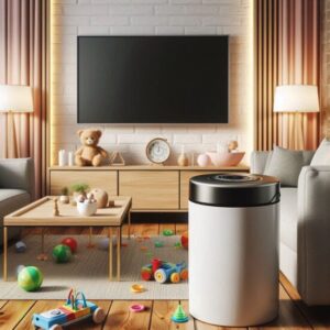 おむつ処理ゴミ箱が部屋のテレビの横に置いている