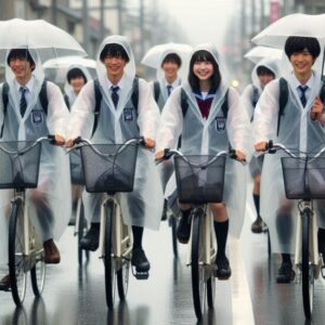 日本人の高校生数名（男女）がアエトニクスAX-95のレインコート（頭から足までスッポリ覆って雨に濡れない）を着て、雨の中でも楽しそうに自転車に乗って通学している