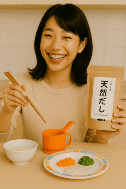 20代笑顔のかわいい女性が天然だしパックを使って離乳食を作っているイメージ画像（背景はもう少明るく、手のドライヤーからお箸に変更）