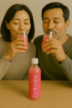 コラーゲン入りジュースを夫婦で美味しく飲んでいるイメージ画像