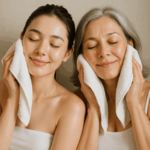 20代女性・40代女性がクレンジングをして、皮脂の汚れを取った後、タオルで気持ち良さそうに顔を拭いているイメージ画像