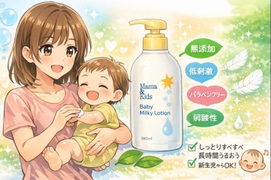 ママ＆キッズ ベビーミルキーローション380mlの口コミからわかった評価。赤ちゃんに配慮したやさしい成分とは？